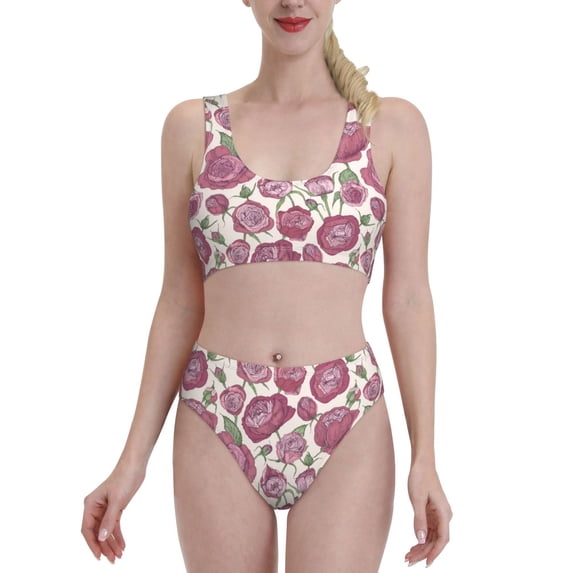 Vsdgher Womens High Waisted Bikini Sets Two Piece Swimsuit Rose Flowers Print Tummy Control Bathing Suit-Medium