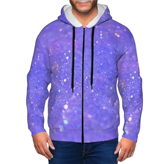 Wukai Purple Glitter Print Men's Zip-Up Hoodie,Fleece Full-Zip Hoodie for Men, Hooded Sweatshirt-Large