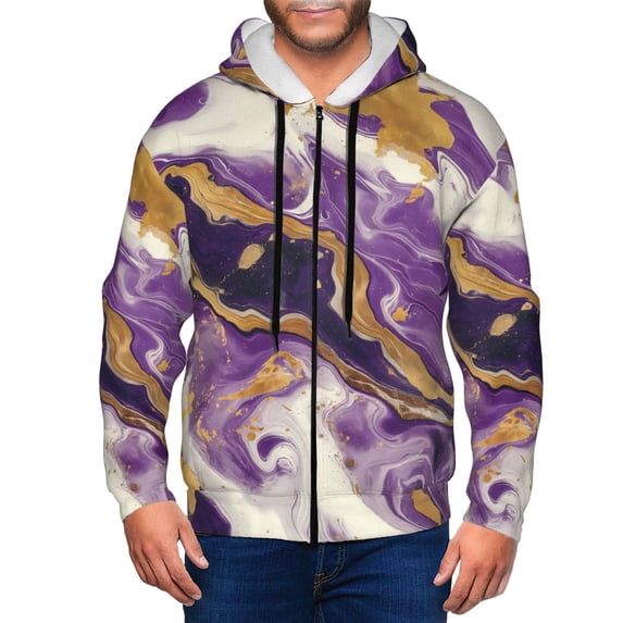 Wukai Purple Gold Marble Swirls Print Men's Zip-Up Hoodie,Fleece Full-Zip Hoodie for Men, Hooded Sweatshirt-X-Large