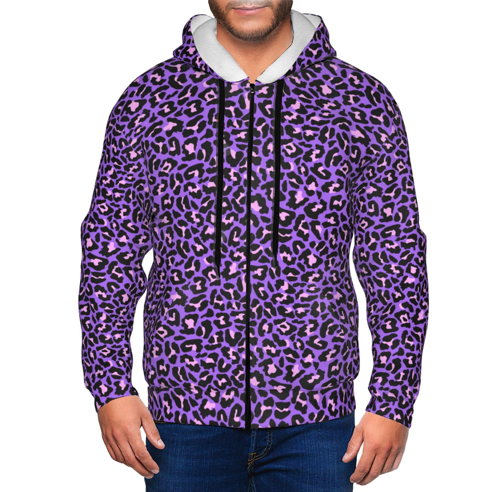 Wukai Purple Leopard Print Men's Zip-Up Hoodie,Fleece Full-Zip