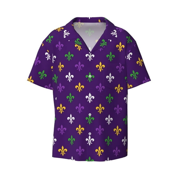 Wukai Purple Mardi Gras Men's Casual Short-Sleeve Button Down Shirt - Lightweight Summer Dress Shirt for Daily Wear-Medium