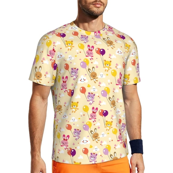 Wukai Rabbit And Balloon Print Men's Short-Sleeved Mesh T-Shirt,Quick-Dry Short Sleeve Workout T-Shirt-Large