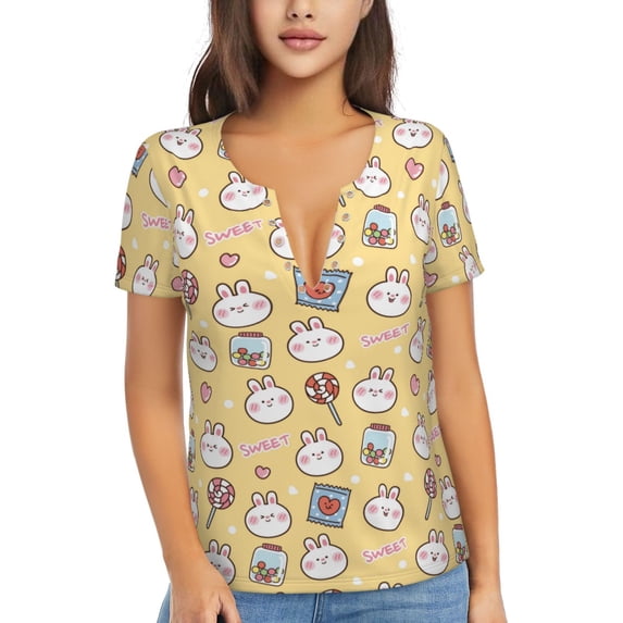 Wukai Rabbit And Candy Casual V-Neck Graphic Tees for Women: Lightweight and Breathable Summer Tops with Stylish Design-Small