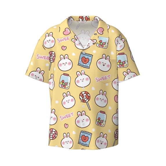 Wukai Rabbit And Candy Men's Casual Short-Sleeve Button Down Shirt - Lightweight Summer Dress Shirt for Daily Wear-Small