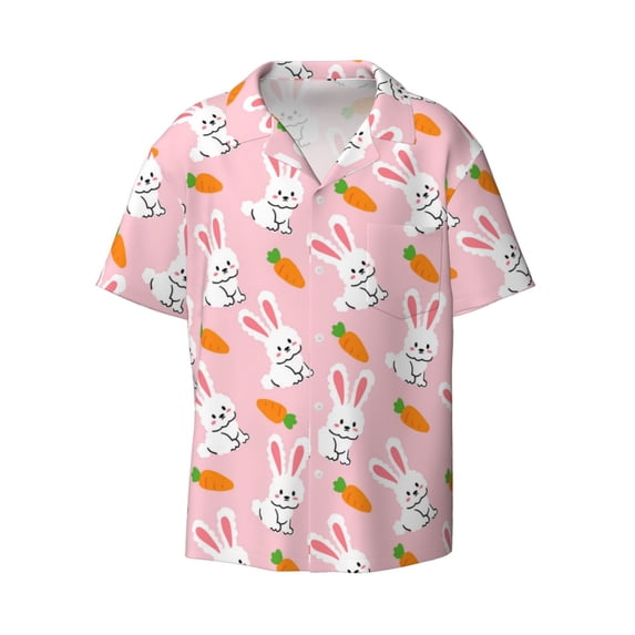 Wukai Rabbit And Carrot Men's Casual Short-Sleeve Button Down Shirt - Lightweight Summer Dress Shirt for Daily Wear-