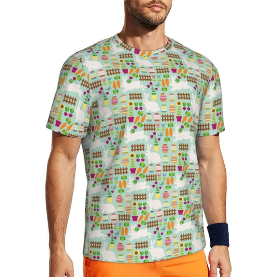 Wukai Rabbit And Carrot Print Men's Short-Sleeved Mesh T-Shirt,Quick-Dry Short Sleeve Workout T-Shirt-Large
