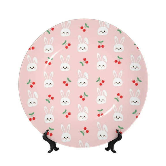 Wukai Rabbit And Cherry Print Decorative Plate for Display,Bone China Decorative Plate, Ceramic Dinner Plate with Stand, Vertical Ceramic Plate-6in