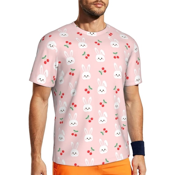 Wukai Rabbit And Cherry Print Men's Short-Sleeved Mesh T-Shirt,Quick-Dry Short Sleeve Workout T-Shirt-X-Large
