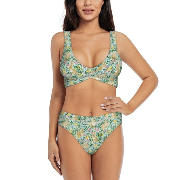 Wukai Rabbit And Chick Women's Bikini Set Two Piece,wimsuit High Waisted V Neck Twist Front Adjustable Spaghetti Straps Bathing Suit-XX-Large