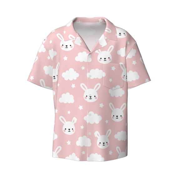 Wukai Rabbit And Cloud Men's Casual Short-Sleeve Button Down Shirt - Lightweight Summer Dress Shirt for Daily Wear-Large