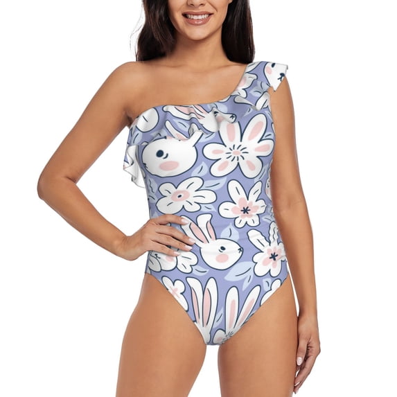Wukai Rabbit And Floral Chic One Shoulder Swimwear with Ruffle Design and Tummy Control Skirt: Fashionable, Supportive, Comfortable for Beach-X-Large