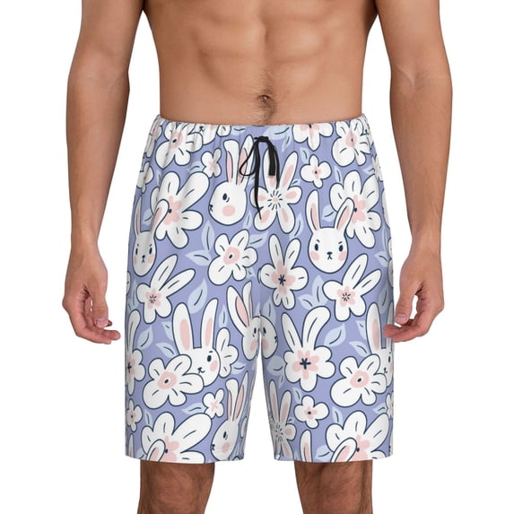 Wukai Rabbit And Floral Men’s Short Pajama Pants With Pockets Soft Sleep Pj Shorts for Men-