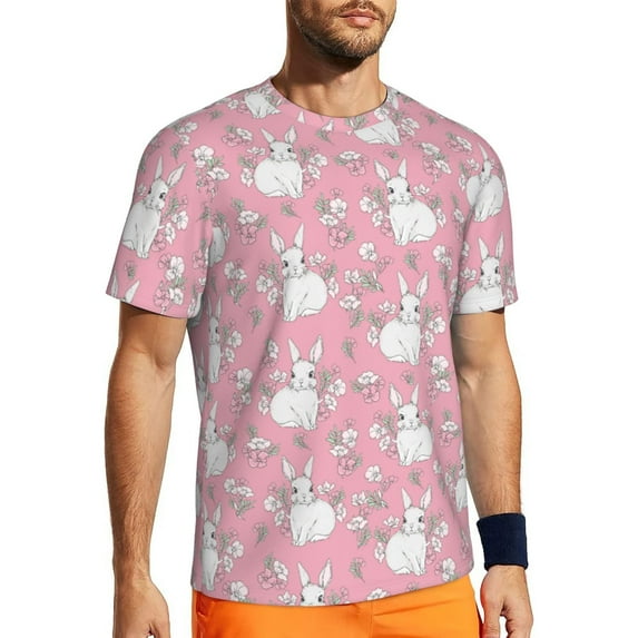 Wukai Rabbit And Flower Print Men's Short-Sleeved Mesh T-Shirt,Quick-Dry Short Sleeve Workout T-Shirt-XX-Large