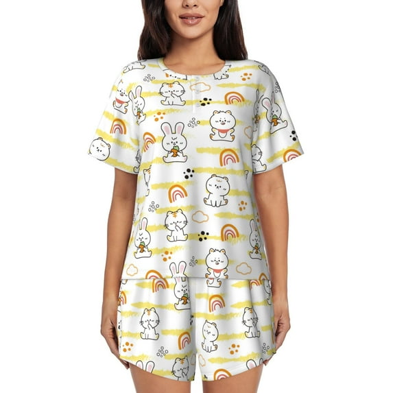 Wukai Rabbit And Milk Tea Women's Pajama Set,Short-Sleeve Top and Shorts with Elastic Waistband and Pockets for Loungewear, Yoga, and Casual Wear-3X-Large