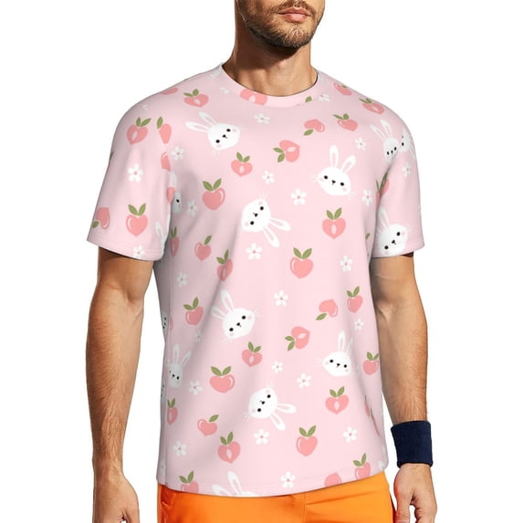 Wukai Rabbit And Peach Print Men's Short-Sleeved Mesh T-Shirt,Quick-Dry Short Sleeve Workout T-Shirt-Medium