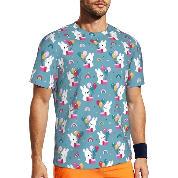 Wukai Rabbit And Rainbow Print Men's Short-Sleeved Mesh T-Shirt,Quick-Dry Short Sleeve Workout T-Shirt-X-Small