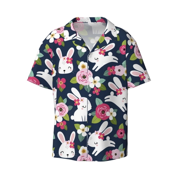 Wukai Rabbit And Rose Men's Casual Short-Sleeve Button Down Shirt - Lightweight Summer Dress Shirt for Daily Wear-X-Large