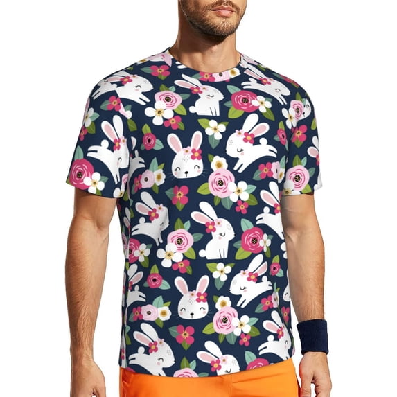 Wukai Rabbit And Rose Print Men's Short-Sleeved Mesh T-Shirt,Quick-Dry Short Sleeve Workout T-Shirt-6X-Large