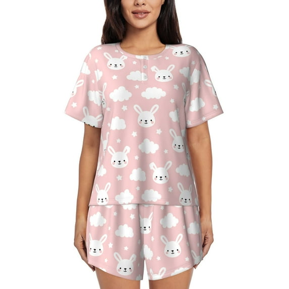 Wukai Rabbit And Cloud Women's Pajama Set,Short-Sleeve Top and Shorts with Elastic Waistband and Pockets for Loungewear, Yoga, and Casual Wear-Large