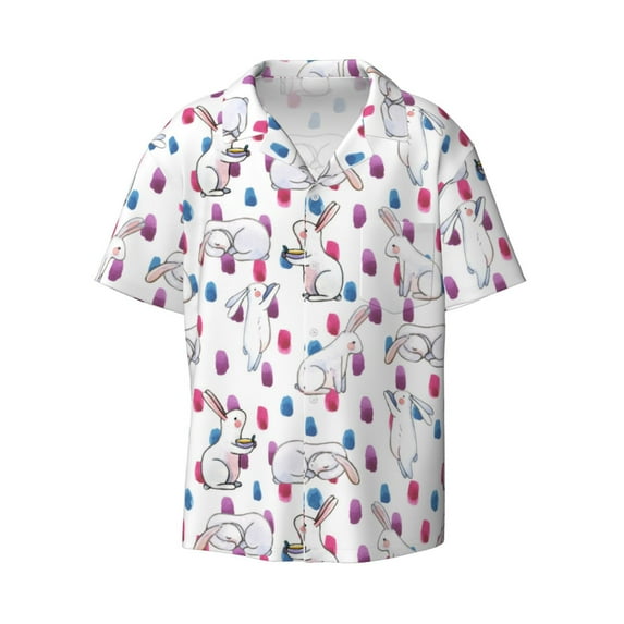 Wukai Rabbit Eating Men's Casual Short-Sleeve Button Down Shirt - Lightweight Summer Dress Shirt for Daily Wear-3X-Large