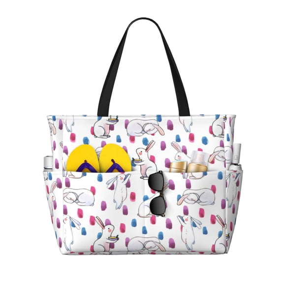Wukai Rabbit Eating Print Zipper Bag,large Beach Tote Bag,Waterproof Sandproof Bag,Grocery and Picnic Tote Travel Bag
