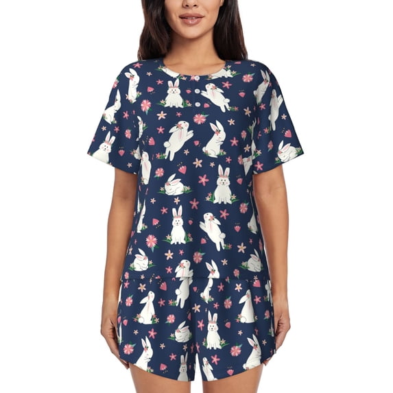 Wukai Rabbit And Flower Print Women's Pajama Set - Short-Sleeve Top and Shorts with Elastic Waistband and Pockets for Loungewear, Yoga, and Casual Wear-XX-Large