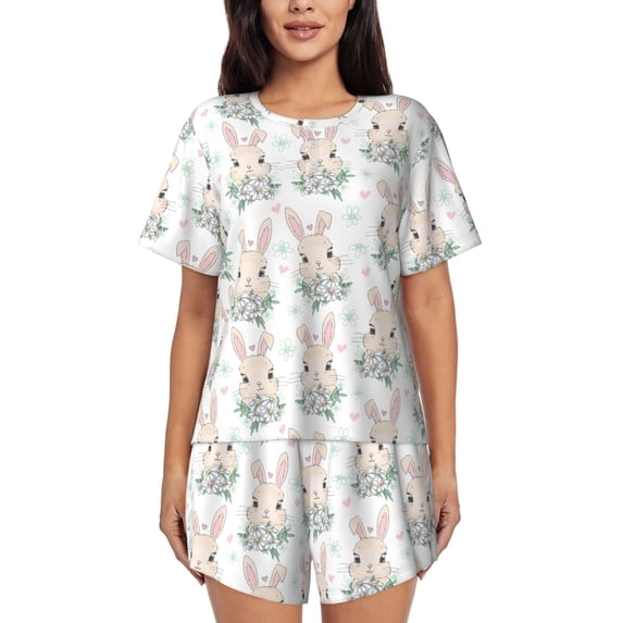 Wukai Rabbit And Flower Print Women's Pajama Set - Short-Sleeve Top and Shorts with Elastic Waistband and Pockets for Loungewear, Yoga, and Casual Wear-XX-Large
