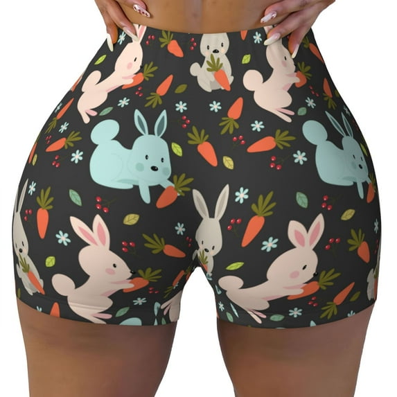 Wukai Rabbit Is Eating Carrots Print Pack Biker Shorts for Women Yoga Workout Gym Running Scrunch Active Shorts-Small