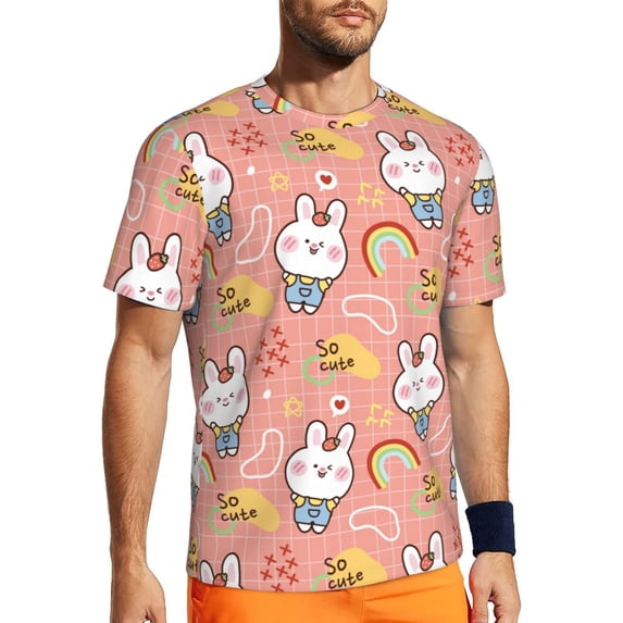 Wukai Rabbit So Cute Print Men's Short-Sleeved Mesh T-Shirt,Quick-Dry Short Sleeve Workout T-Shirt-Small