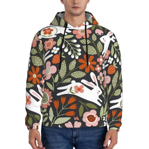 Wukai Rabbits on Floral Print Men Hoodies Fleece Sweatshirts Long Sleeve Sweaters Pullover Fall Outfits Winter Clothes-Large