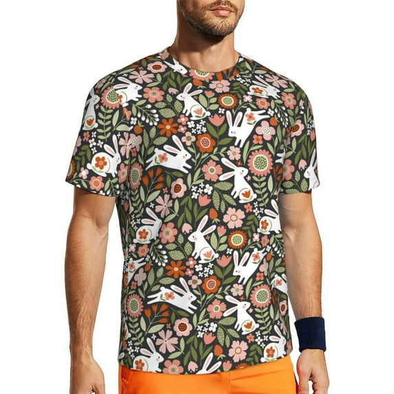 Wukai Rabbits on Floral Print Men's Short-Sleeved Mesh T-Shirt,Quick-Dry Short Sleeve Workout T-Shirt-Small