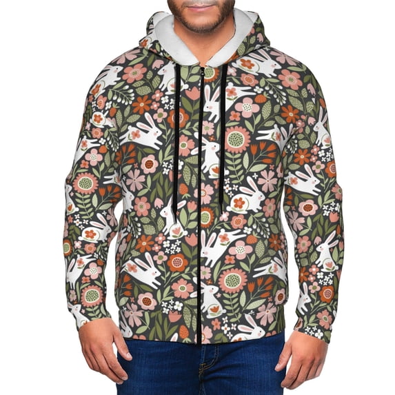 Wukai Rabbits on Floral Print Men's Zip-Up Hoodie,Fleece Full-Zip Hoodie for Men, Hooded Sweatshirt-Large