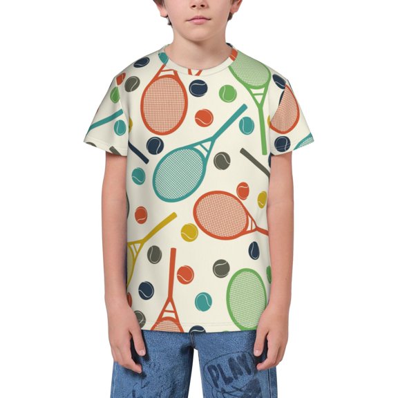 Wukai Racket and Tennis Ball Youth Unisex Short Sleeve T-Shirt for Boys, Girls, Teens, and Kids-Medium