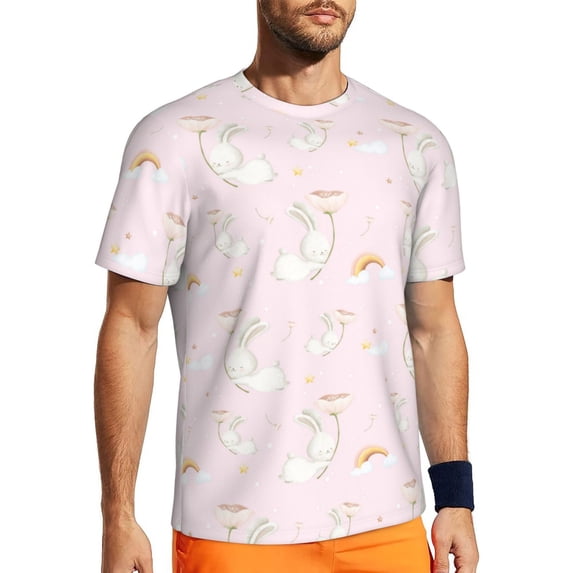 Wukai Rainboe And Rabbit Print Men's Short-Sleeved Mesh T-Shirt,Quick-Dry Short Sleeve Workout T-Shirt-X-Small