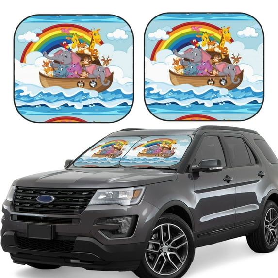 Wukai Rainbow Animals on Noah's Ark Print Windshield Sun Shade, Car Front Window Shades Sunshade Cover Sun Visor Shield Block Automotive Interior Protector Blocks UV Rays-Small