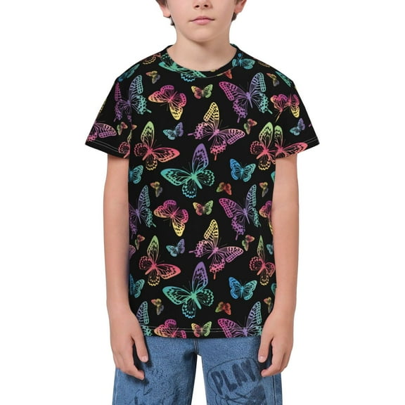 Wukai Rainbow Butterflies Youth Unisex Short Sleeve T-Shirt for Boys, Girls, Teens, and Kids-Small