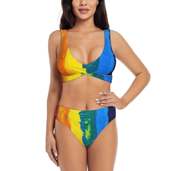 Wukai Rainbow Colored Women's Bikini Set Two Piece,wimsuit High Waisted V Neck Twist Front Adjustable Spaghetti Straps Bathing Suit-