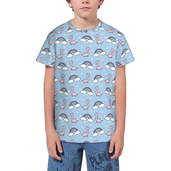 Wukai Rainbow Dinosaur Youth Unisex Short Sleeve T-Shirt for Boys, Girls, Teens, and Kids-X-Small