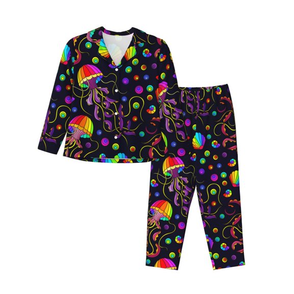 Wukai Rainbow Jellyfishes Print Women's Pajama Set - Soft Long Sleeve Sleepwear for Comfort and Style-Large
