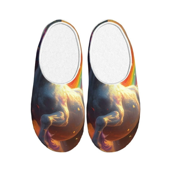 Wukai Rainbow Sunset Cloud White Horse Print Women's Indoor Bedroom Slipper Slip On Shoes, Unisex House Shoes with Anti-Skid Sole for Men, Gift for Women Men-35/36