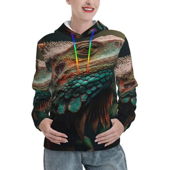 Wukai Realistic Colorful Chameleon Print Womens Hoodies Fleece Sweatshirts Long Sleeve Sweaters Pullover Fall Outfits Winter Clothes-Small
