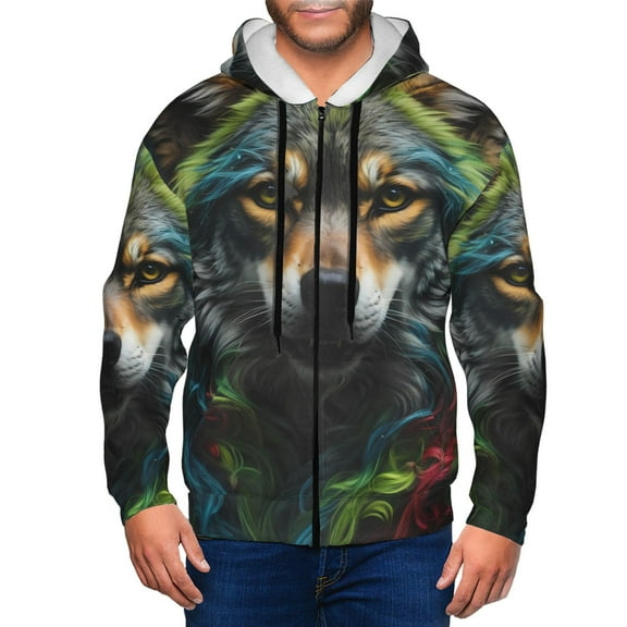 Wukai Realistic Style Colorful Wolf Print Men's Zip-Up Hoodie,Fleece Full-Zip Hoodie for Men, Hooded Sweatshirt-Small