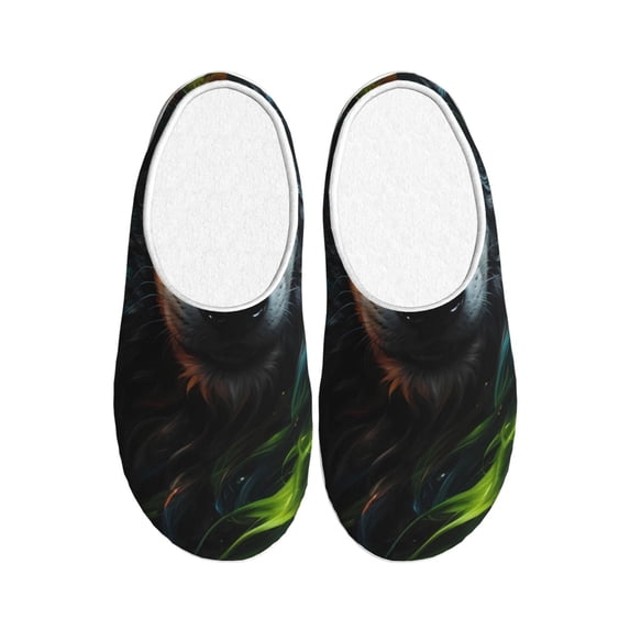 Wukai Realistic Style Green Fur Wolf Print Women's Indoor Bedroom Slipper Slip On Shoes, Unisex House Shoes with Anti-Skid Sole for Men, Gift for Women Men-35/36