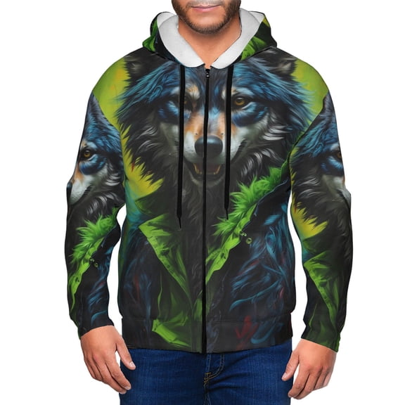 Wukai Realistic Style Wolf Warrior Print Men's Zip-Up Hoodie,Fleece Full-Zip Hoodie for Men, Hooded Sweatshirt-Small