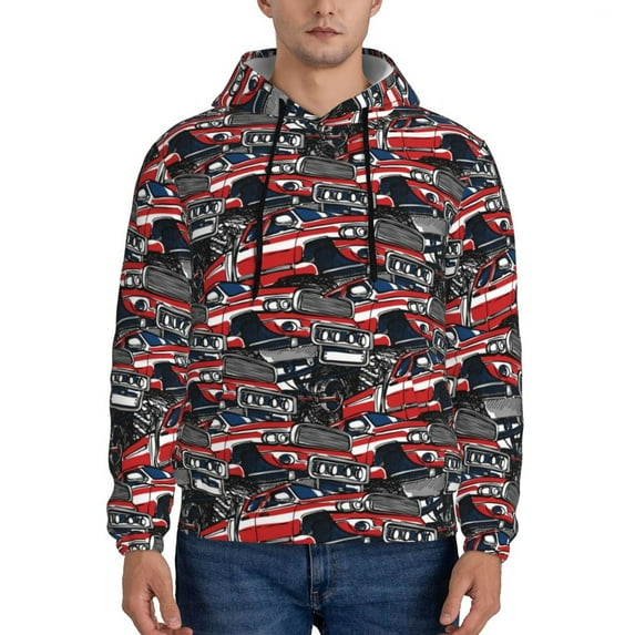 Wukai Red And Blue Cars Print Men Hoodies Fleece Sweatshirts Long Sleeve Sweaters Pullover Fall Outfits Winter Clothes-Small