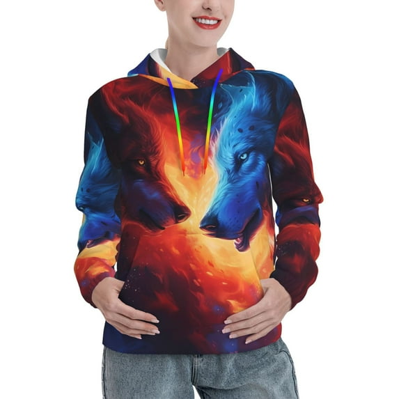 Wukai Red And Blue Fire Wolf Print Womens Hoodies Fleece Sweatshirts Long Sleeve Sweaters Pullover Fall Outfits Winter Clothes-Large