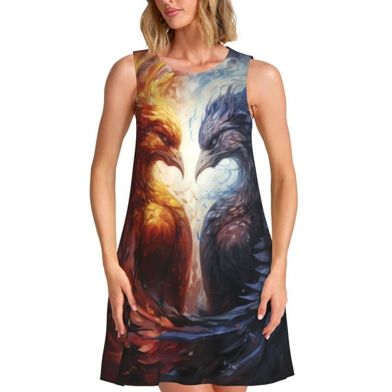 Wukai Red And White Fire Bird Print Women's Sleeveless Dress, Loose Fit Casual Dress for Women, Comfortable Sleeveless Summer Dress