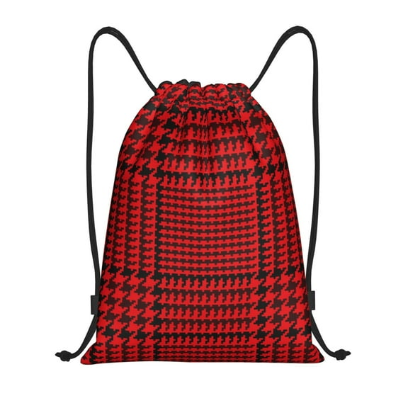 Wukai Red Black Houndstooth Drawstring Backpack Bag Sport Gym Sackpack Large Size String Backpack Cinch for Women Men-Small