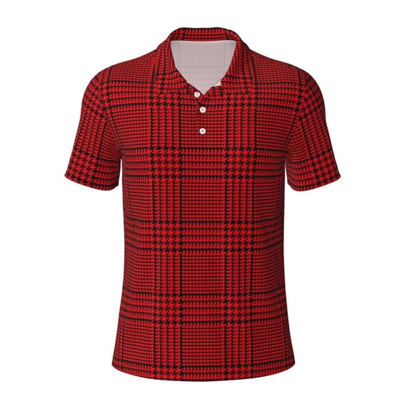 Wukai Red Black Houndstooth Men’s Polo Shirts,Quick-Dry Athletic Shirt,Classic Fit Shirts-XX-Large