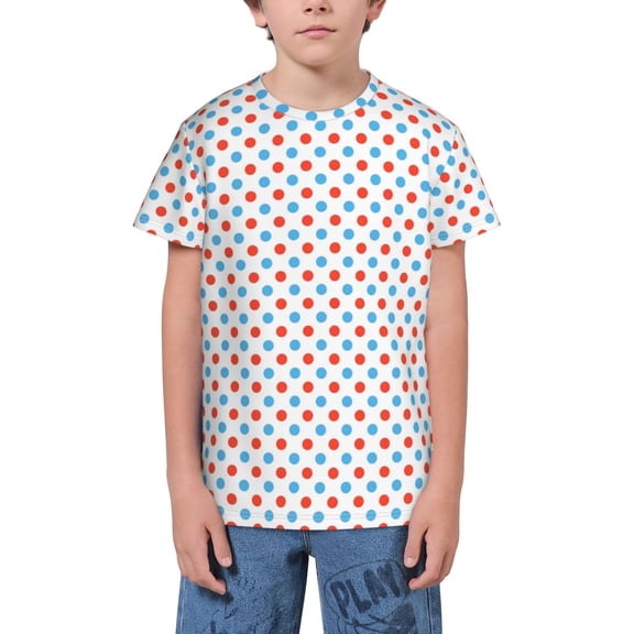 Wukai Red Blue Polka Dots Youth Unisex Short Sleeve T-Shirt for Boys, Girls, Teens, and Kids-X-Small